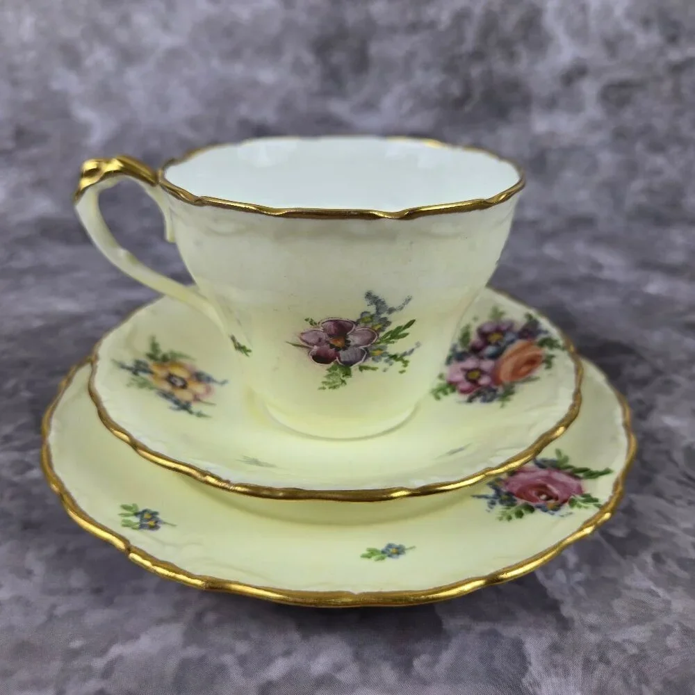 Vintage Porcelain 3 Piece Set Cup, Saucer, Snack Plate Floral Pattern Gold Trim